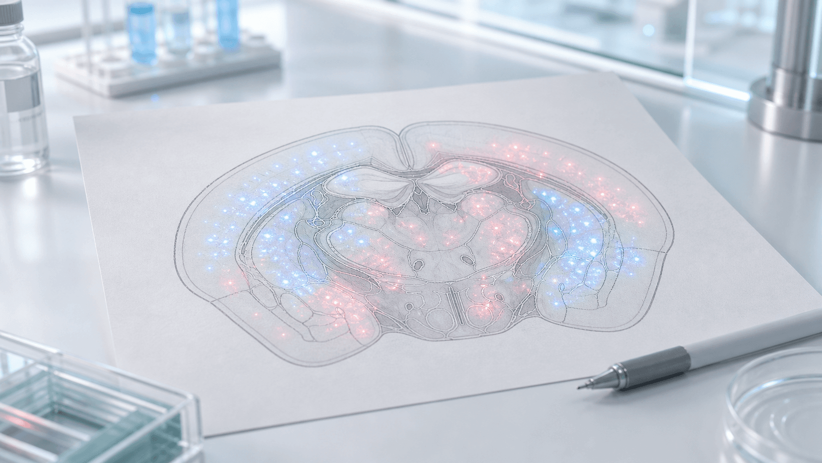 Modern lab desk with a pencil brain atlas drawing on paper and red and blue projected cell-counting signals