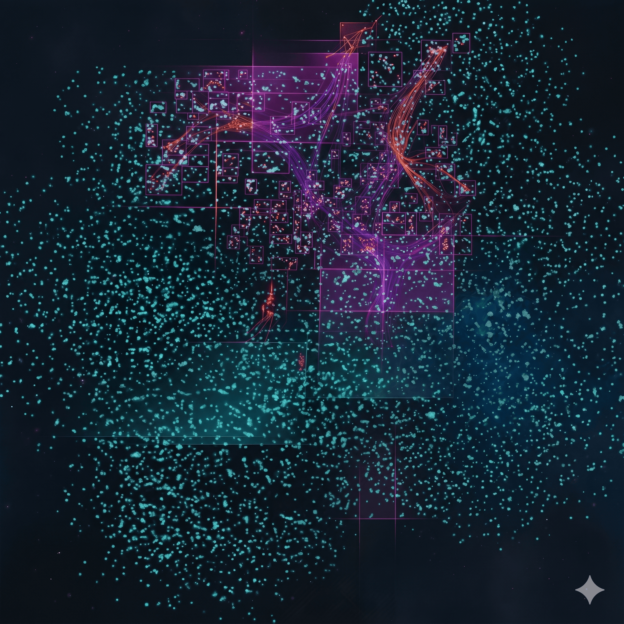 Abstract DAPI cell counting visualization with glowing nuclei-like points and subtle analytical overlays