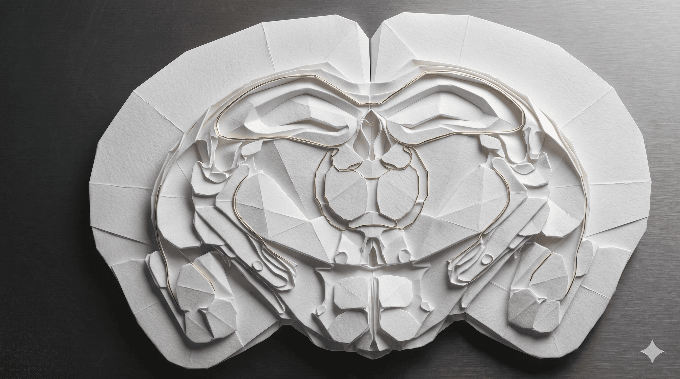 Abstract origami-inspired brain slice illustration with folded paper-like tissue forms