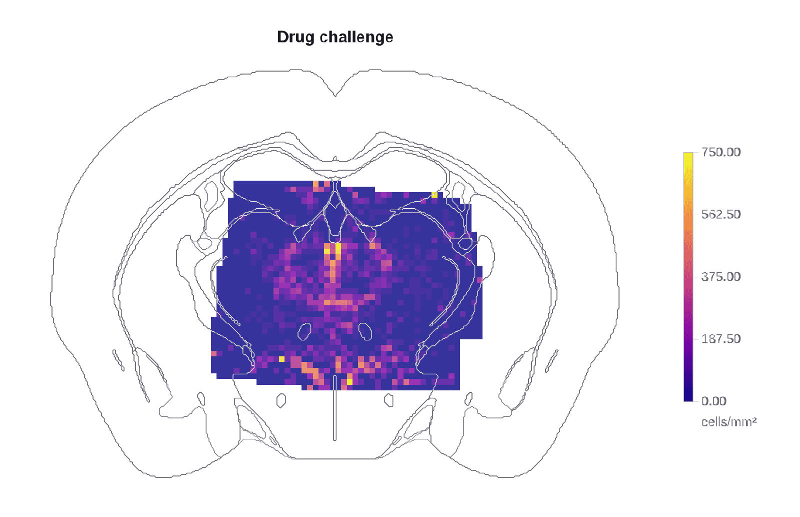 Region-free cell density heatmap overlaid on a mouse brain atlas